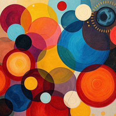 The primary subject of the image is a colorful, abstract painting featuring a variety of circles and other shapes. The setting is a white background, which provides a clean and uncluttered appearance. The visual style is a combination of digital art and illustration, creating a vibrant and dynamic scene. The dominant colors in the painting are red, yellow, and blue, which contribute to a lively and energetic atmosphere.